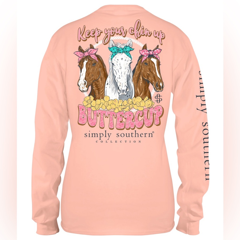 NWT Simply Southern pink graphic horse keep your chin up buttercup phrase top